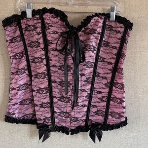 Pink Black Overbust Lace Corset Bustier Sz 3XL Ruffle Bows Coquette Whimsigoth